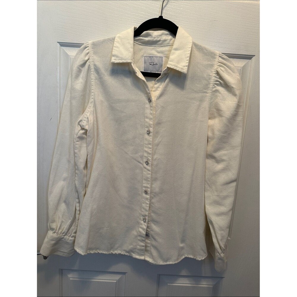 Rails Cream Button-Up Top with Puff Shoulders and rhinestone buttons Size Small